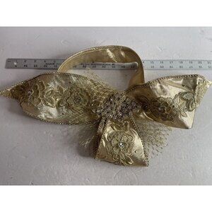 Hair‎ Accessory - Bow Tie Rhinestones Headband Gold, Flower Accent Adult Band